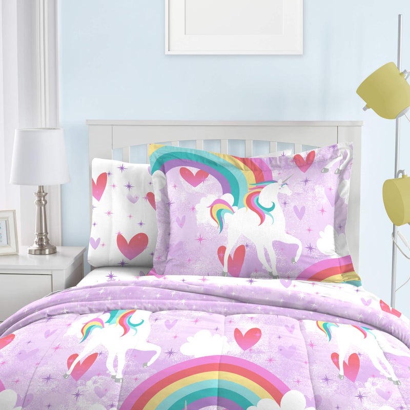 dream FACTORY Kids 5-Piece Complete Set Easy-Wash Super Soft Microfiber Comforter Bedding, Twin, Purple Unicorn Rainbow - Image 3